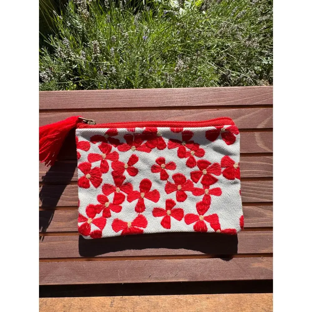 Embroidered Red Flower Canvas Coin Pouch 4 x 6 Bag Makeup Bag Coin Pouch Travel